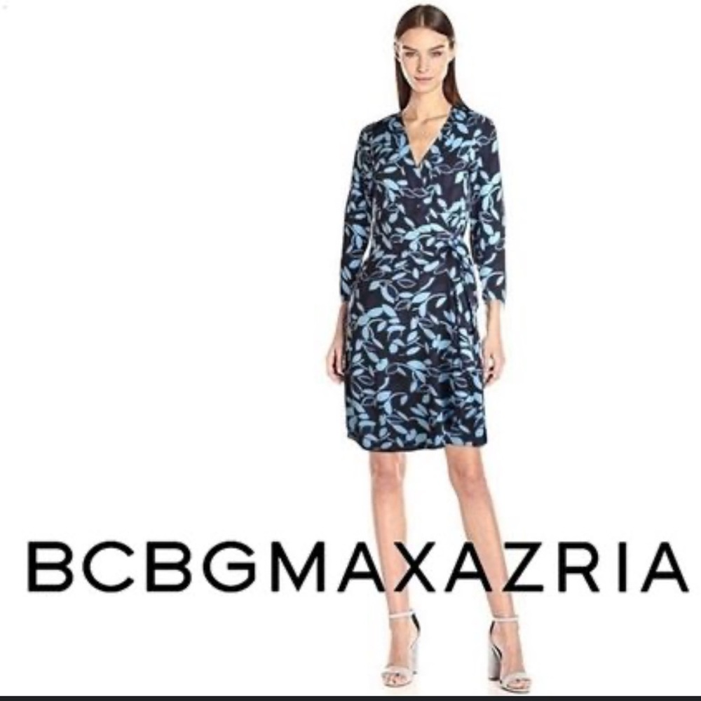 BCBGMaxAzria Wrap Dress Medium M Blue Stretch 3/4 Long Sleeve Washable $178 NEW